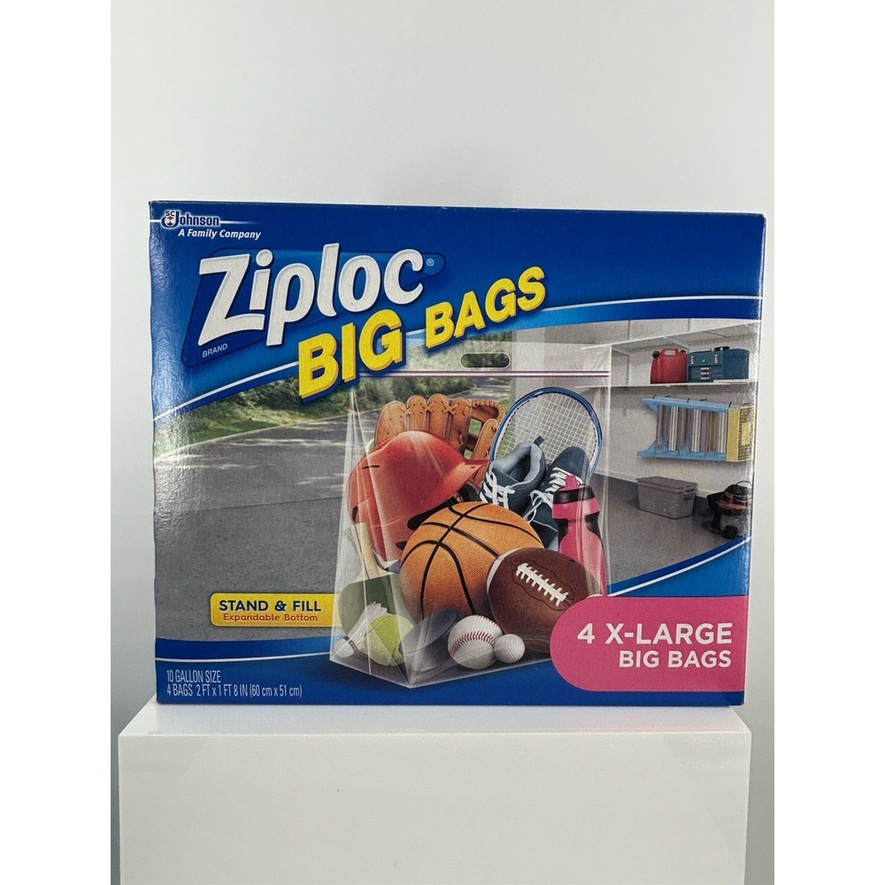 Ziploc Big Bag 1 Pack (4 Bags) XL 10 Gallon 24"x20"x7" Double Zip Lock Handle